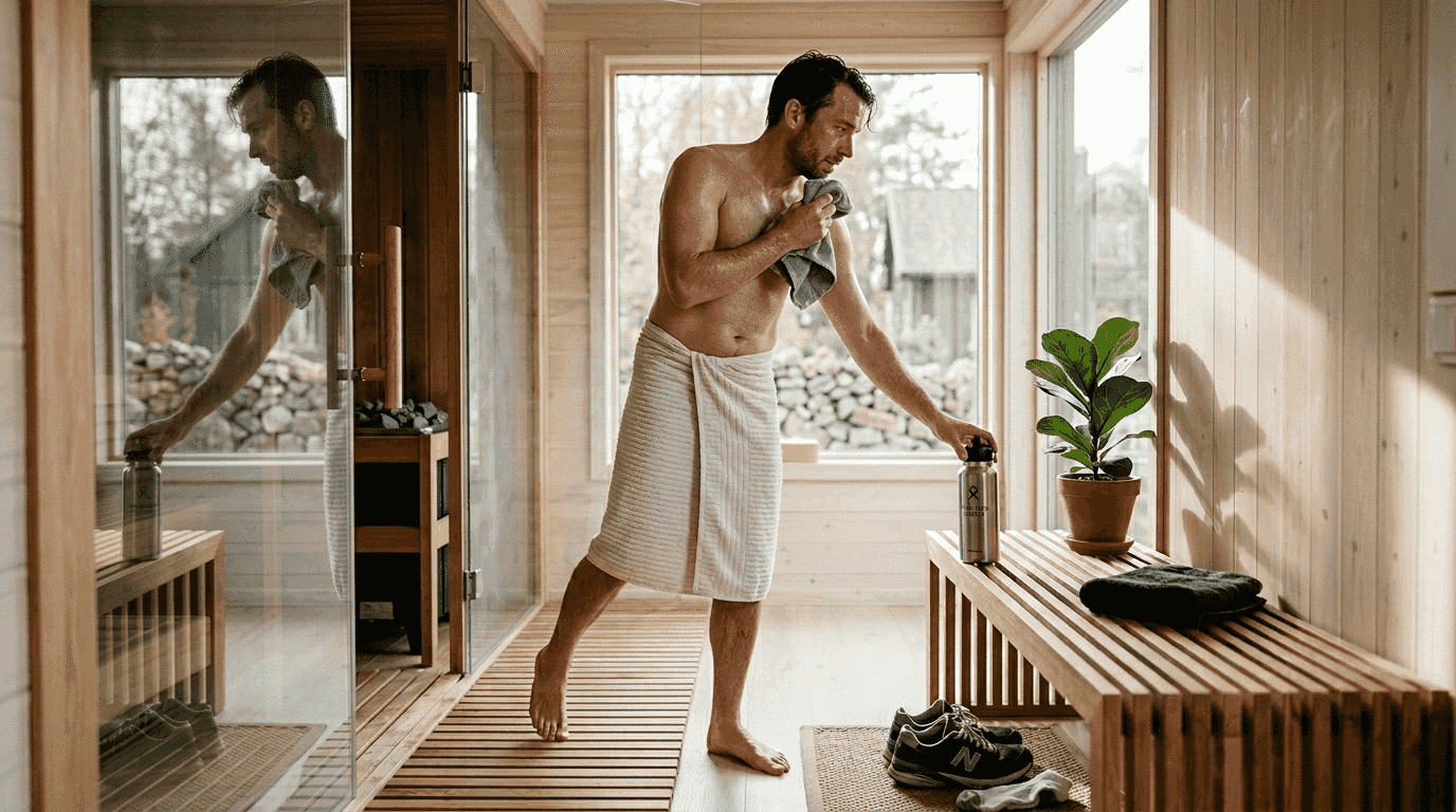 Man finishing sauna session, healthy environment