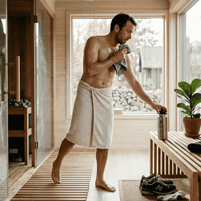 Man finishing sauna session, healthy environment