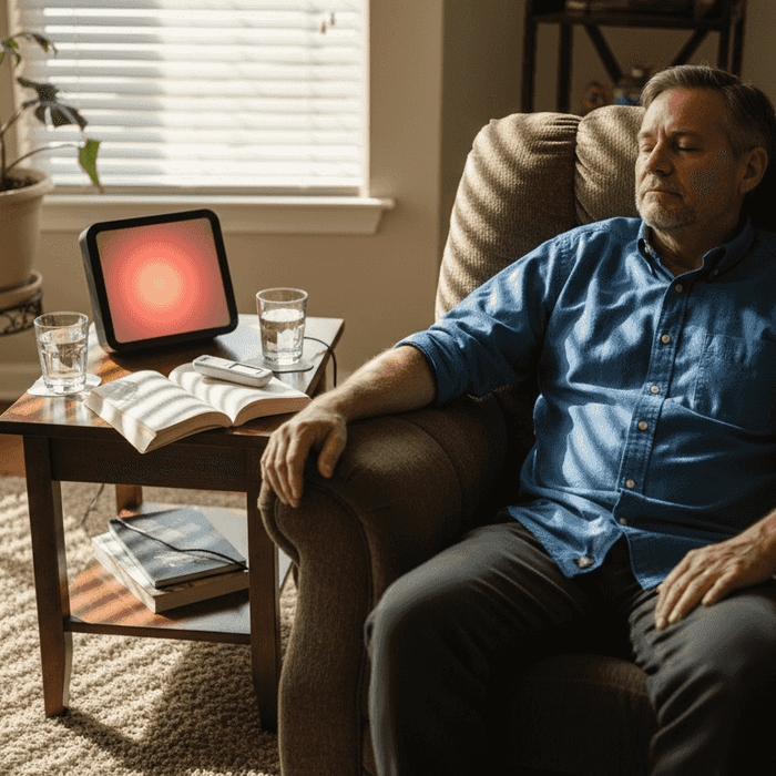 Man using near-infrared device at home