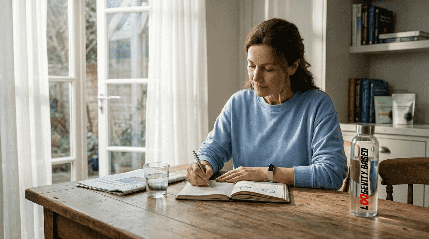 Woman journaling anti-aging routine at kitchen table