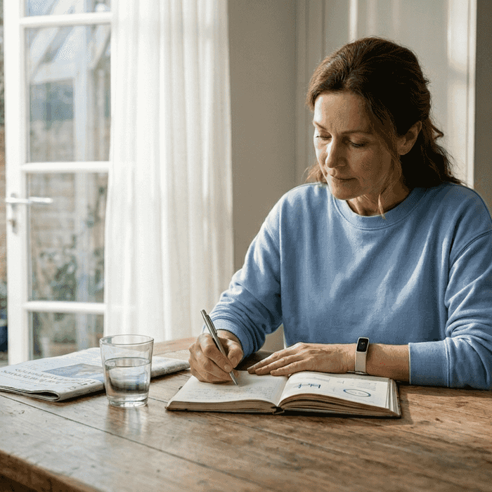Woman journaling anti-aging routine at kitchen table