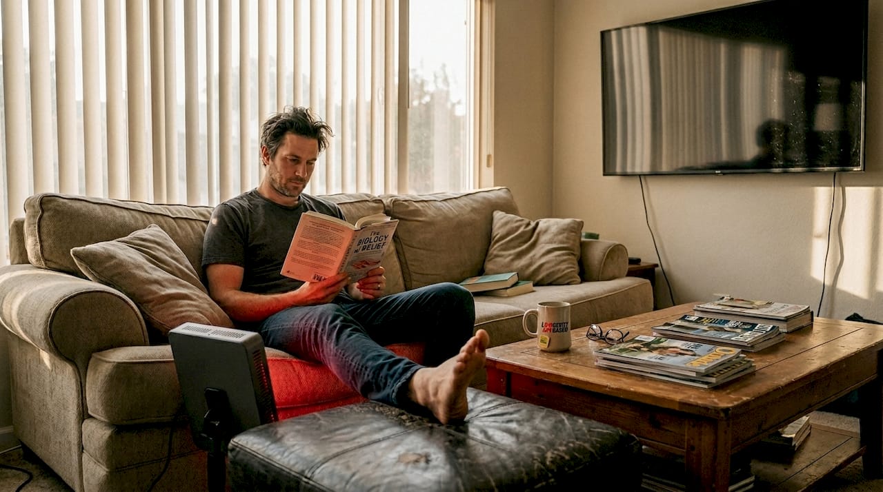 Man using light therapy in living room