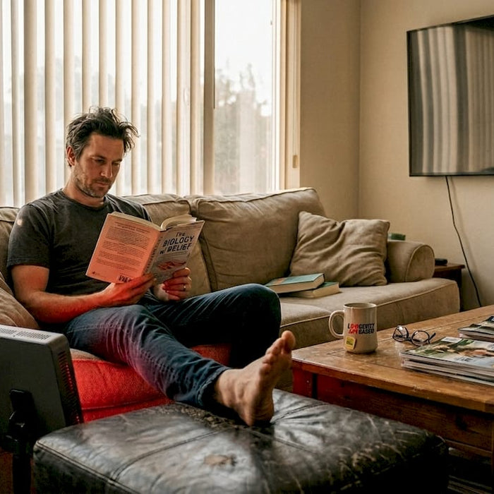 Man using light therapy in living room
