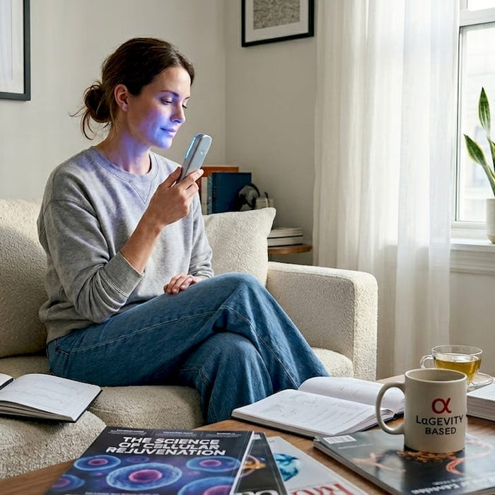 Woman using blue light device at home