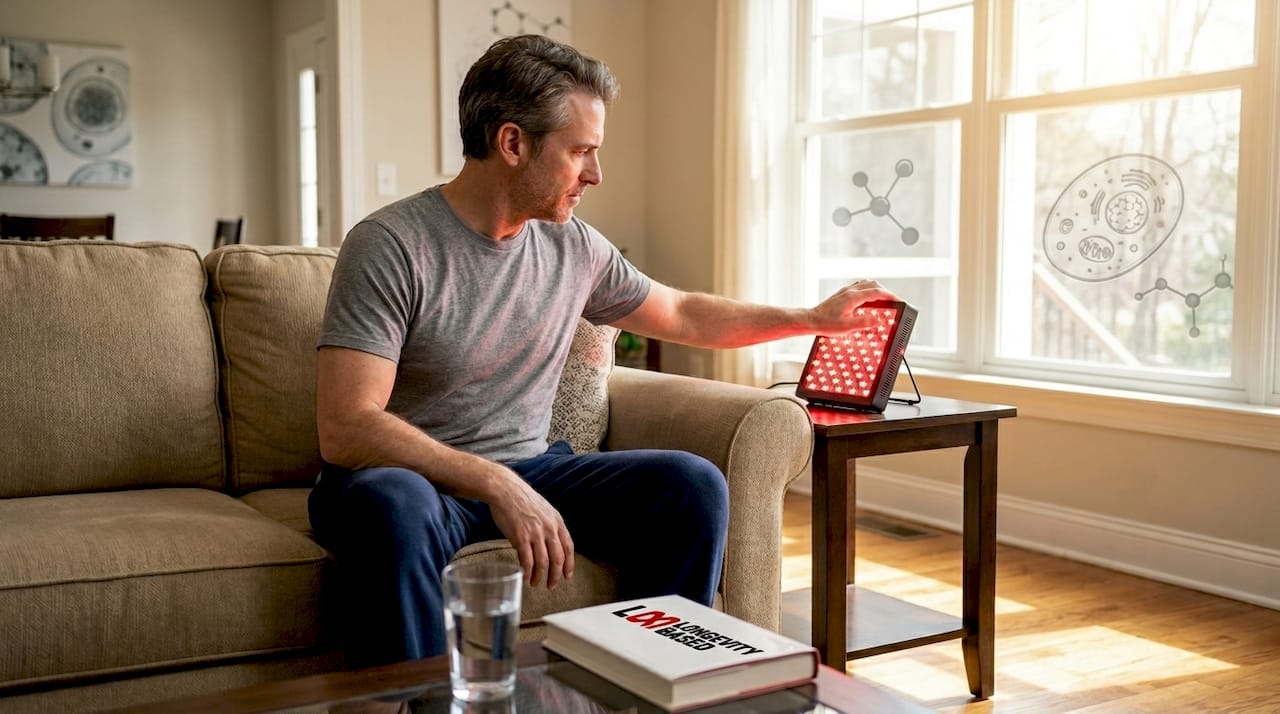 Man adjusting infrared red light therapy panel