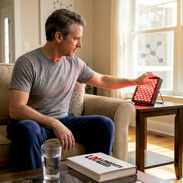 Man adjusting infrared red light therapy panel