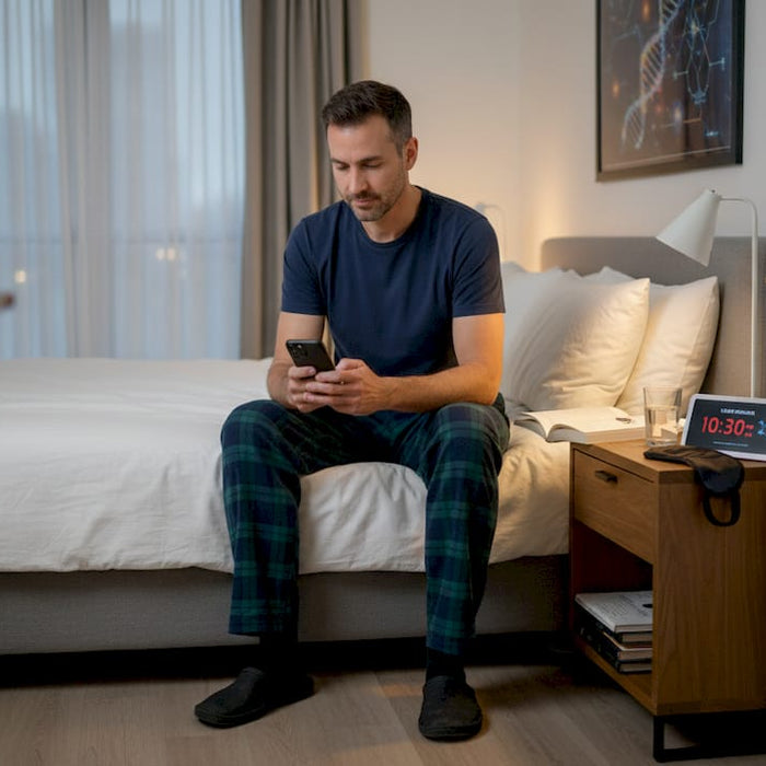 Man winding down for sleep in bedroom
