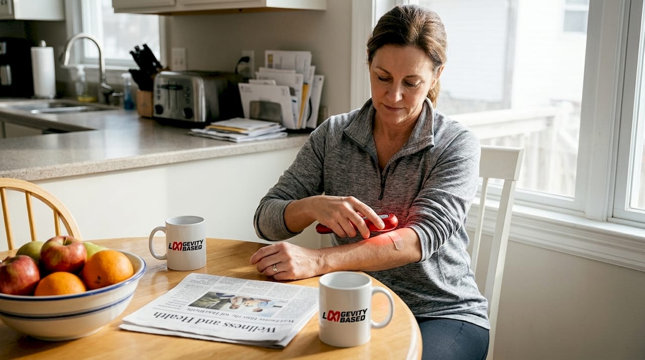 Woman using red light device for wound care