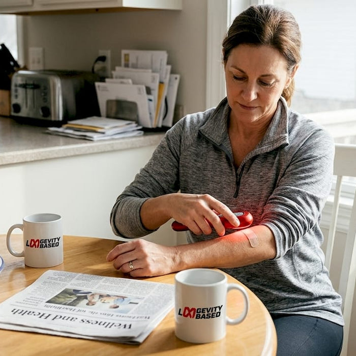 Woman using red light device for wound care