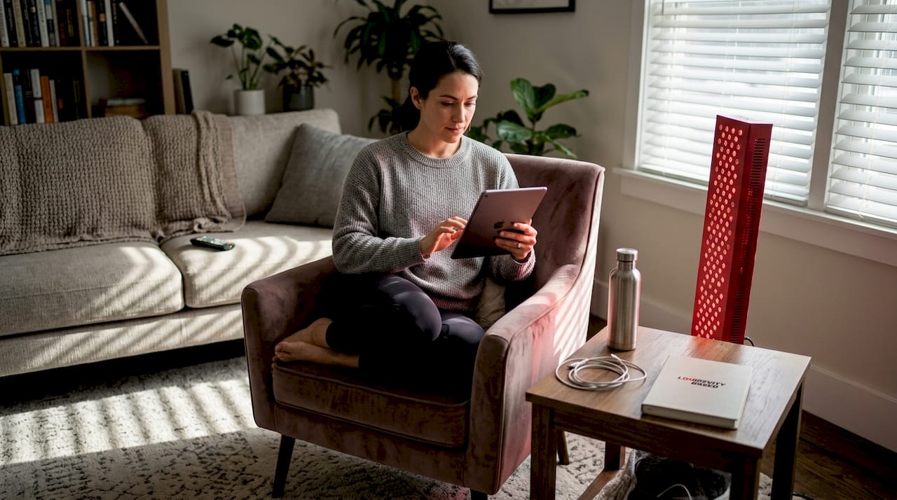 Woman preparing red light therapy device
