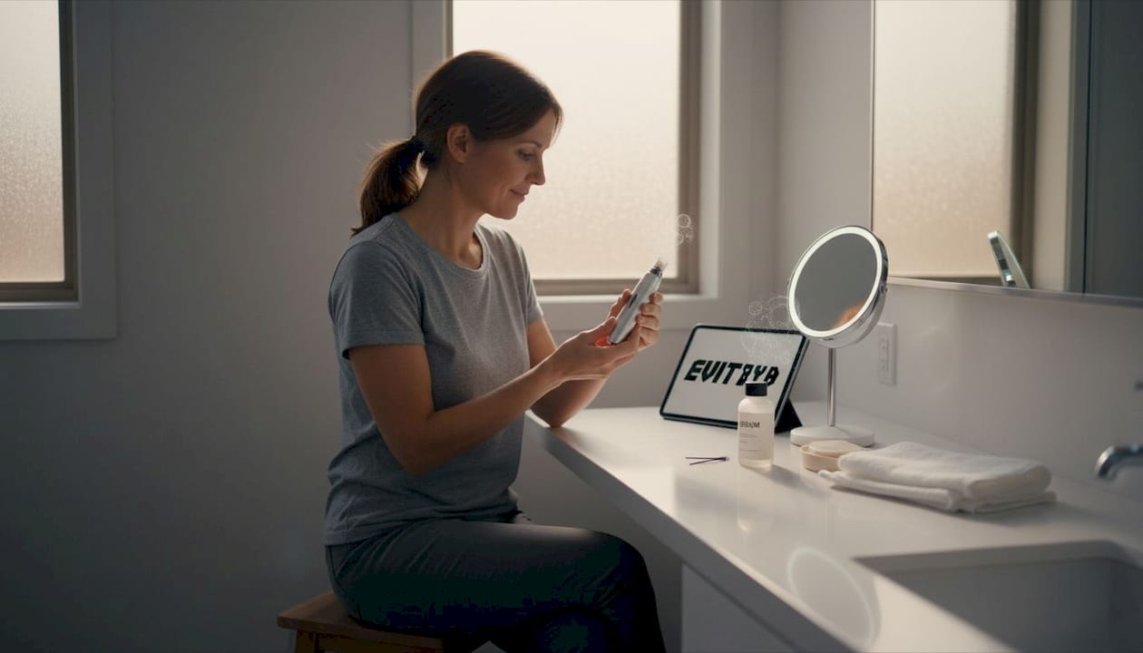 Woman preparing microneedling tool at bathroom vanity