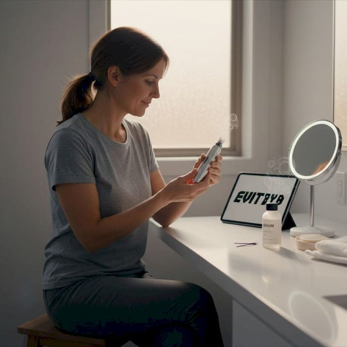 Woman preparing microneedling tool at bathroom vanity