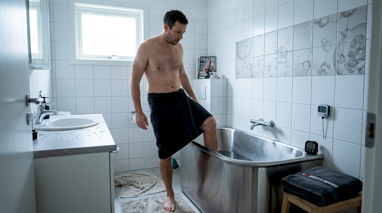 Man entering cold plunge tub for recovery