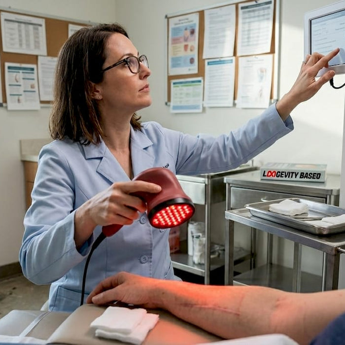 Dermatologist using red light therapy device