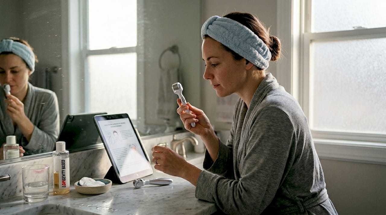 Woman reading microneedling device instructions at bathroom counter