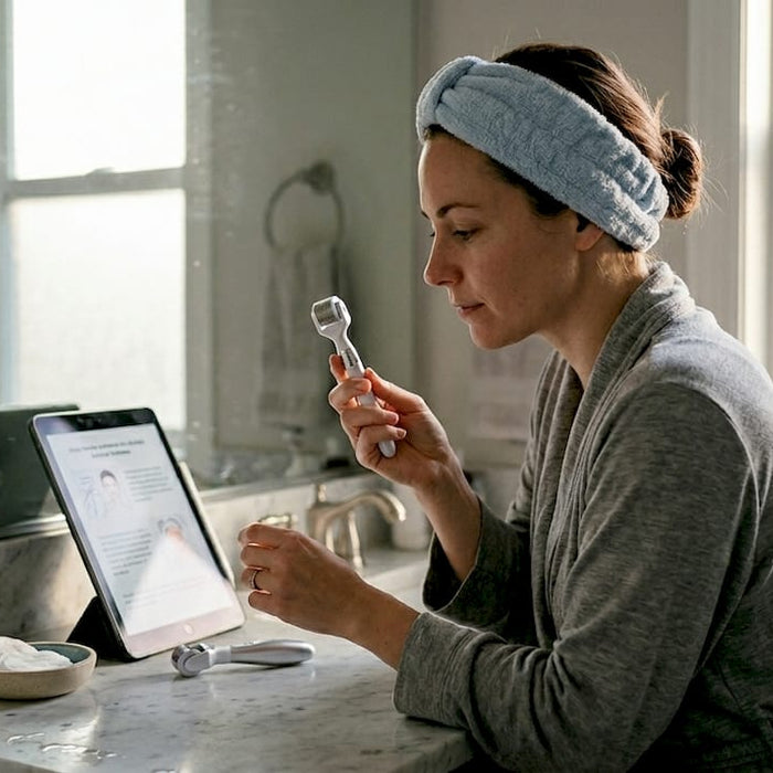 Woman reading microneedling device instructions at bathroom counter