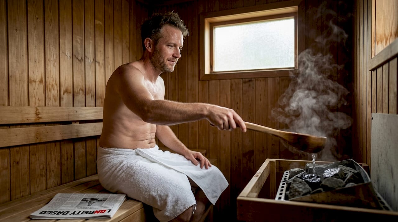 Man relaxing in wooden sauna at home