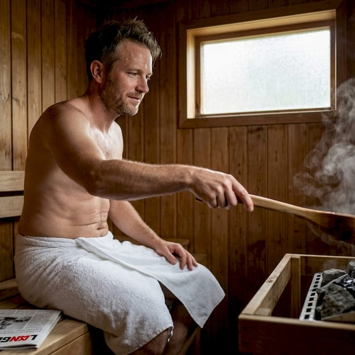 Man relaxing in wooden sauna at home