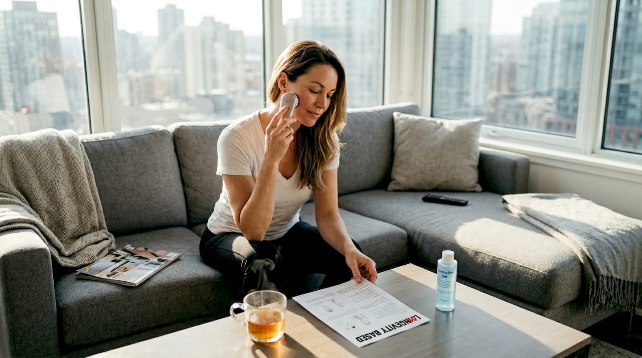 Woman using RF device on face at home