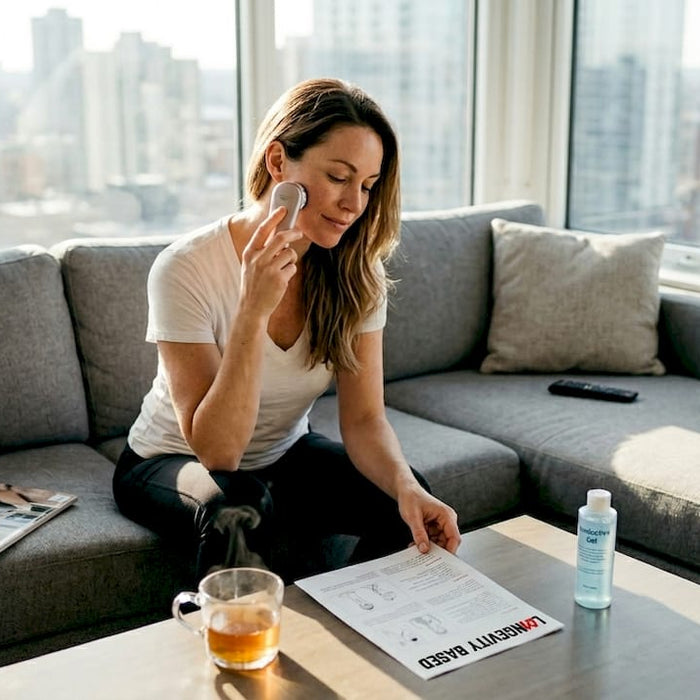 Woman using RF device on face at home