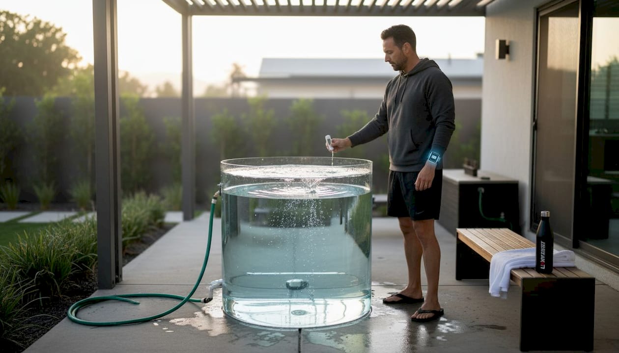 Man preparing home cold plunge setup