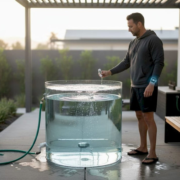 Man preparing home cold plunge setup