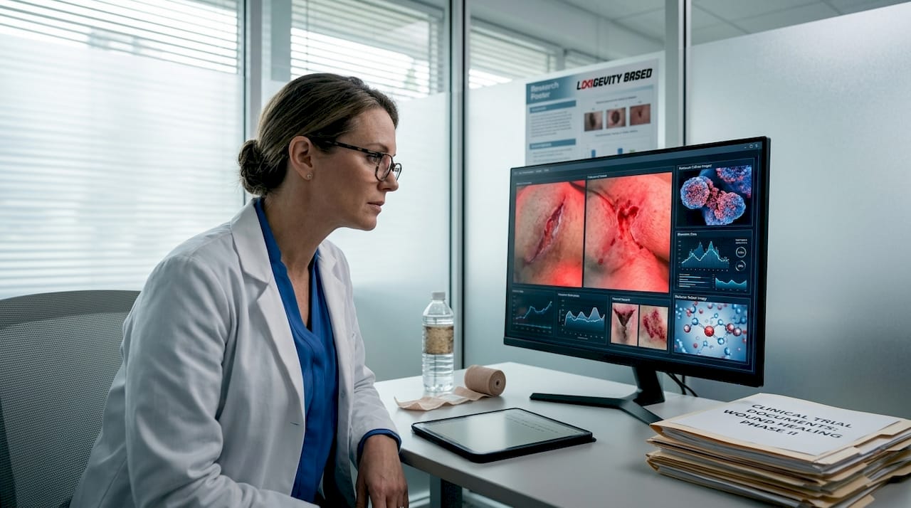Researcher reviews wound healing photos on monitor