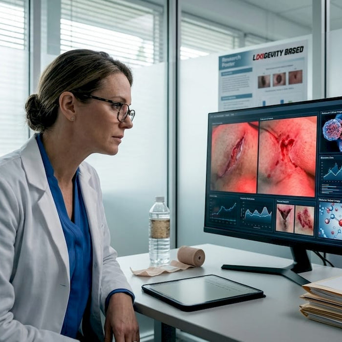Researcher reviews wound healing photos on monitor