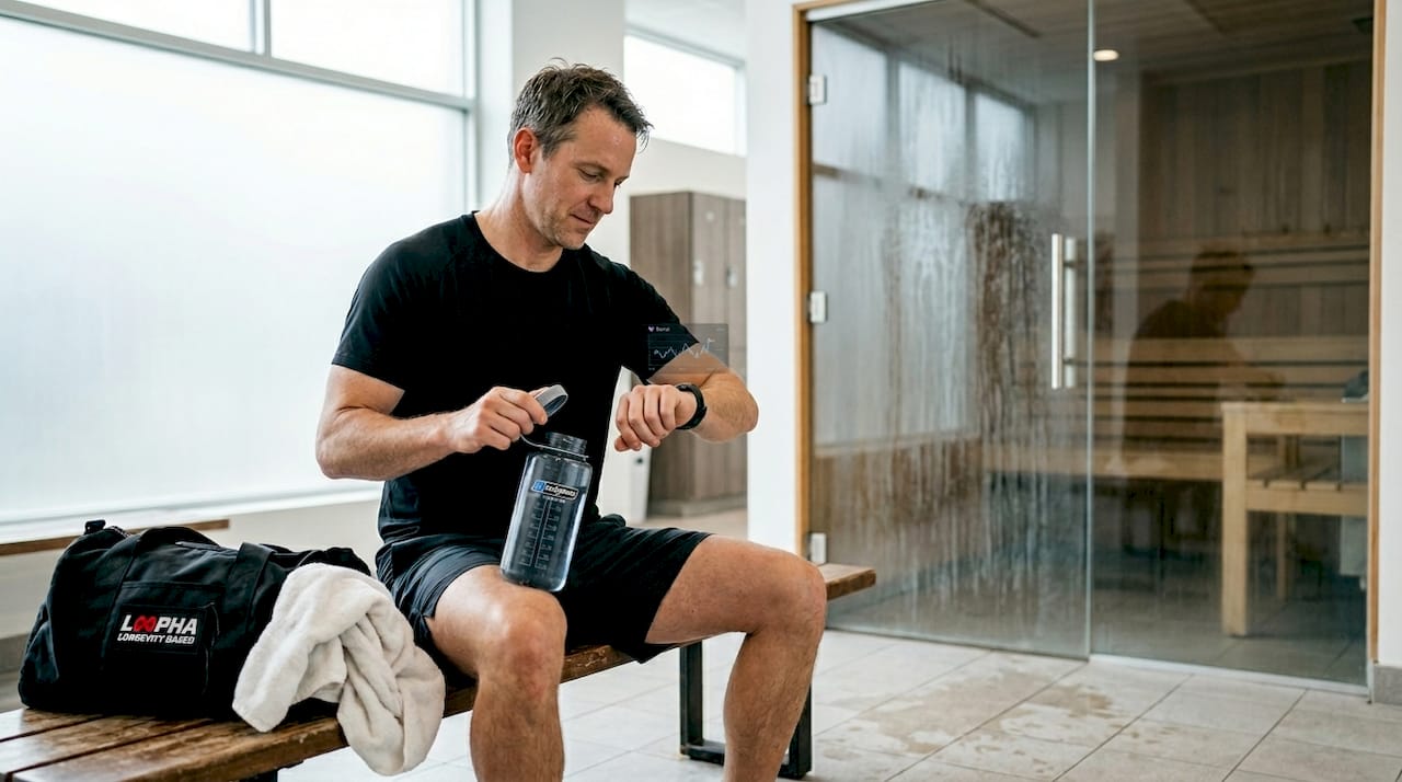 Man preparing for dry sauna session with water bottle