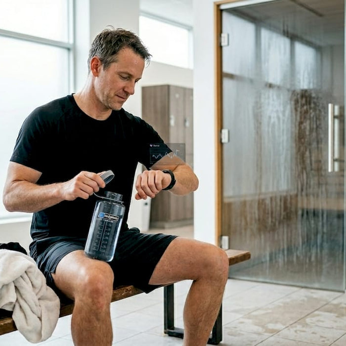 Man preparing for dry sauna session with water bottle