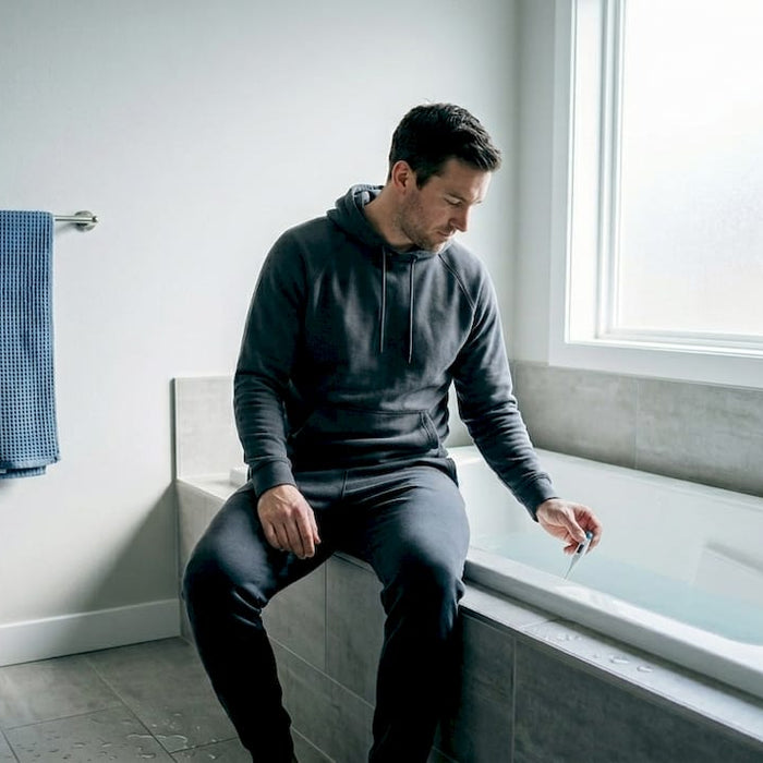 Man preparing cold plunge in home bathroom