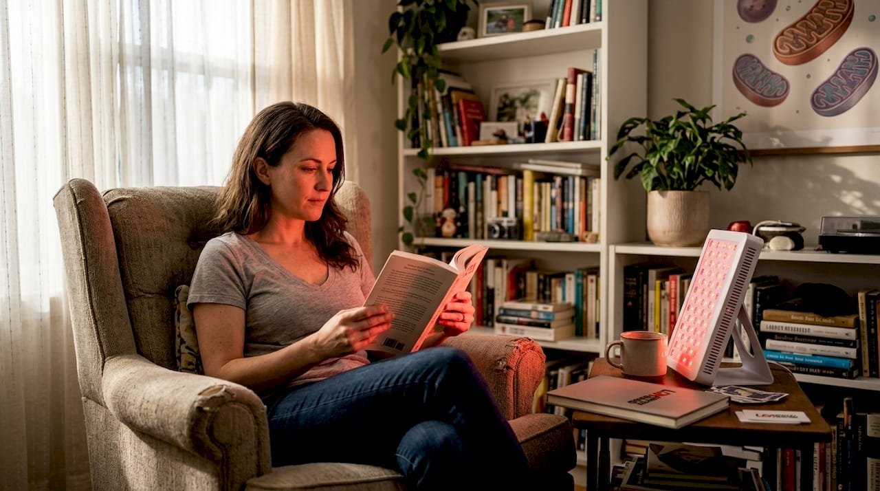 Woman reading during home red light therapy session