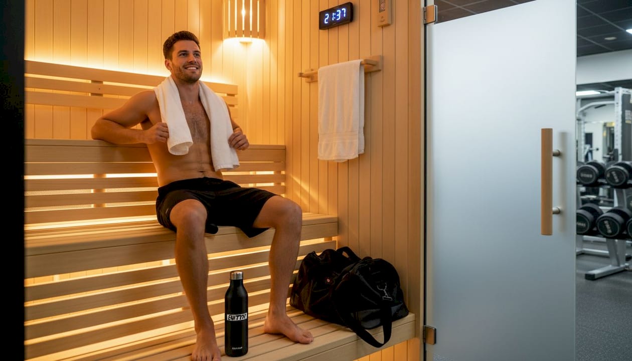 Athlete resting on bench inside sauna room
