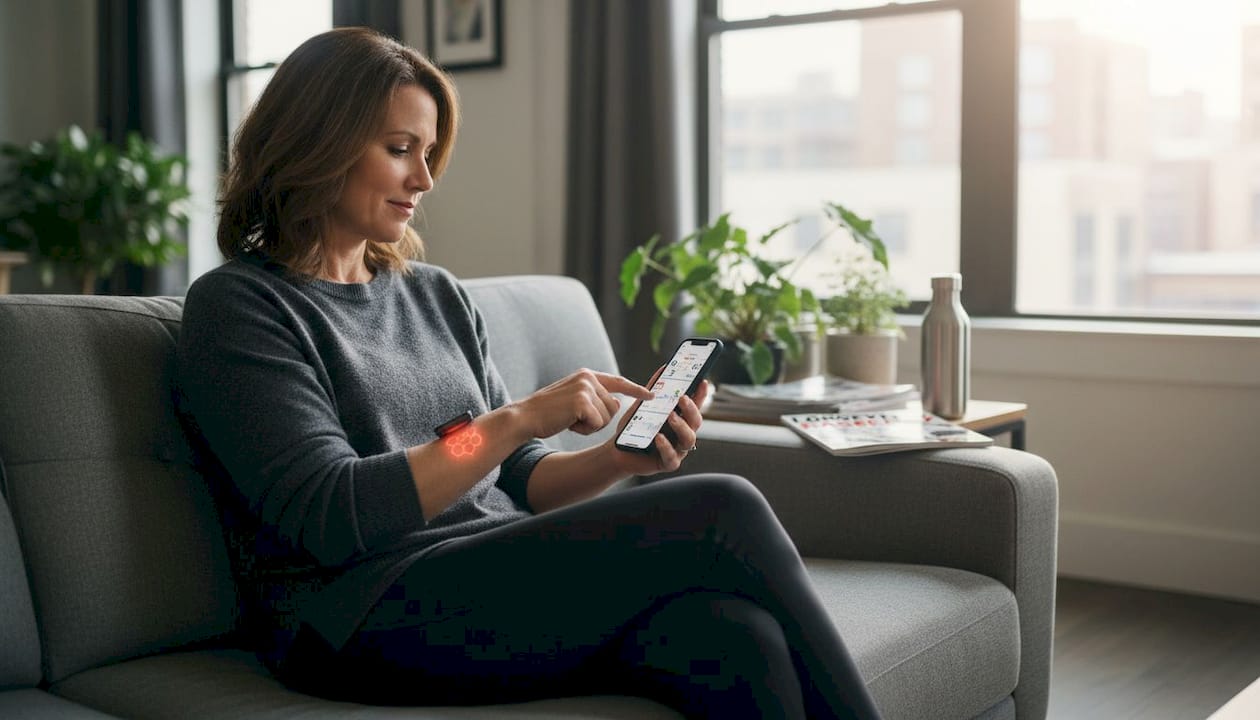 Woman using red light therapy device at home