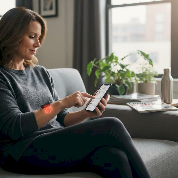 Woman using red light therapy device at home