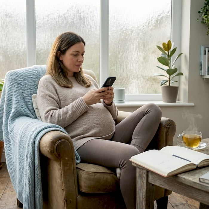 Pregnant woman sitting in bathroom near bathtub