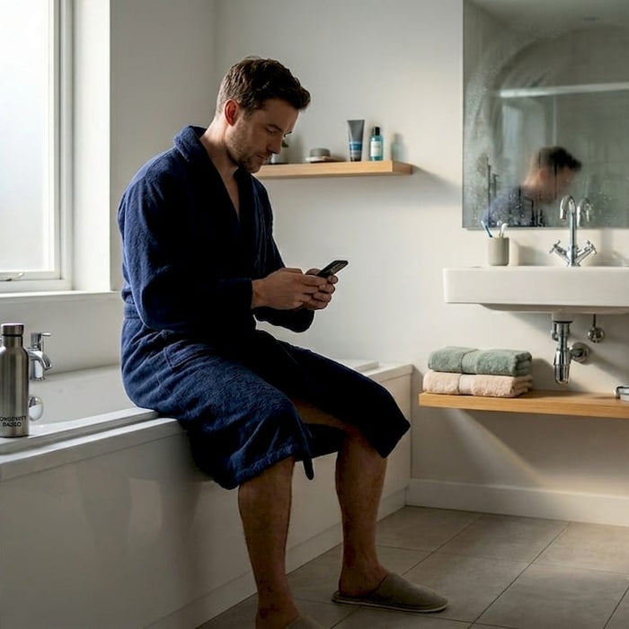 Man prepping cold plunge in bathroom