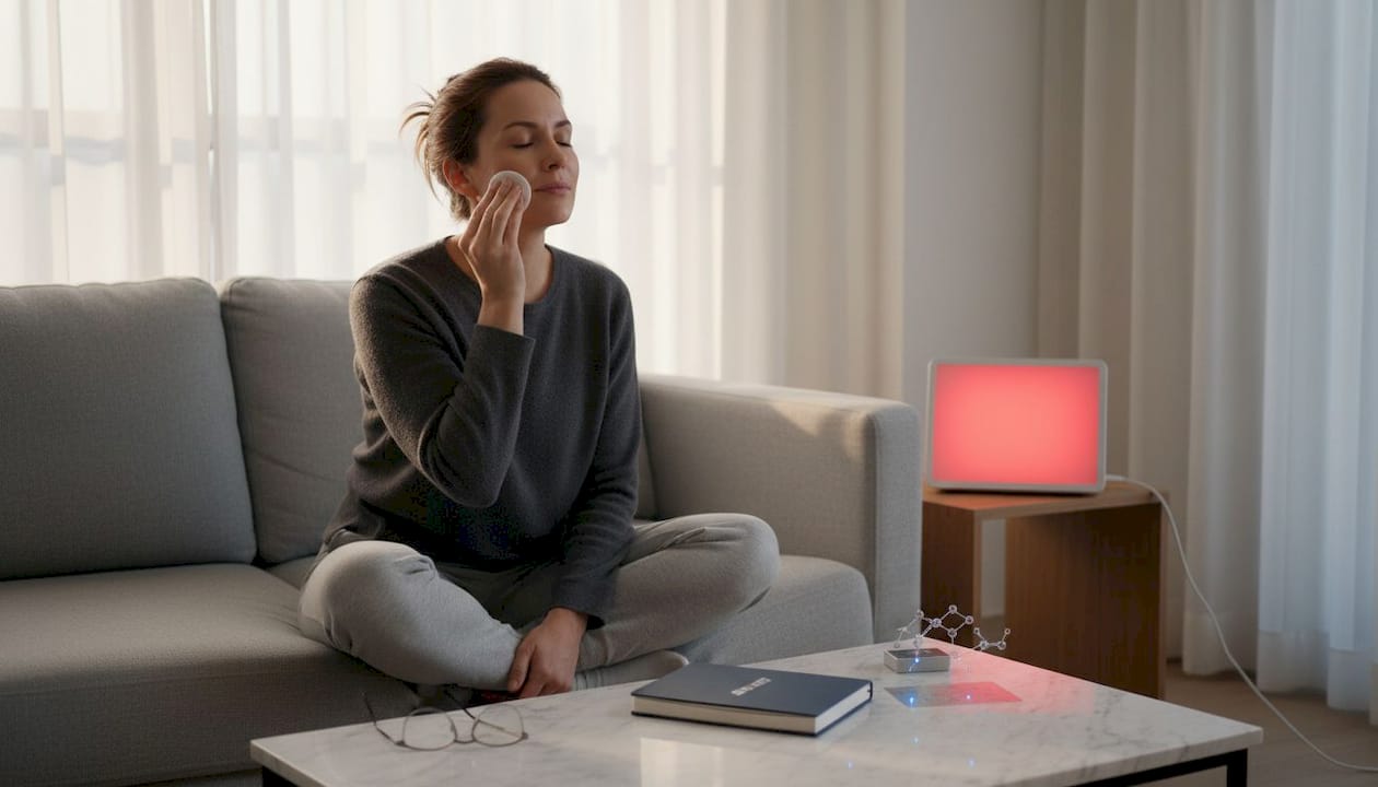 Woman preparing skin for at-home red light therapy