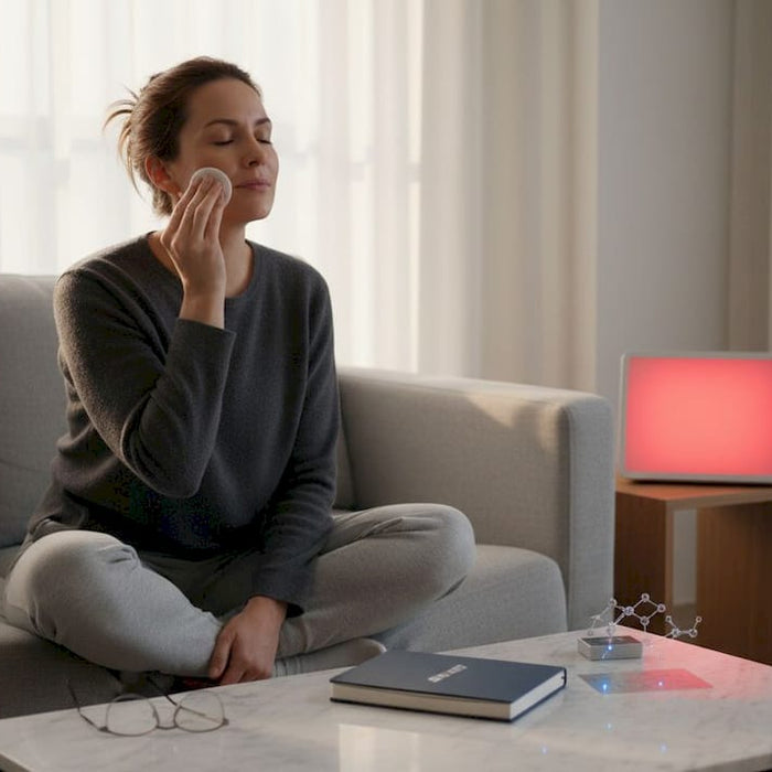 Woman preparing skin for at-home red light therapy