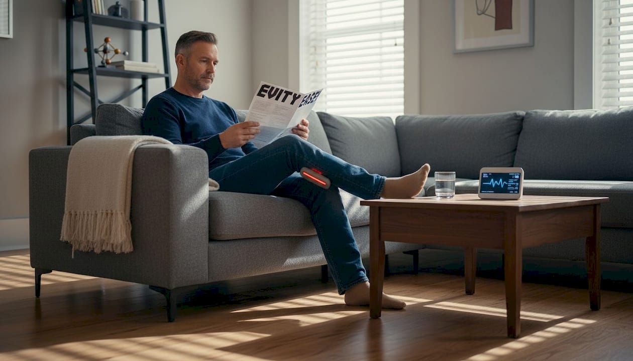 Man using red light device on leg at home