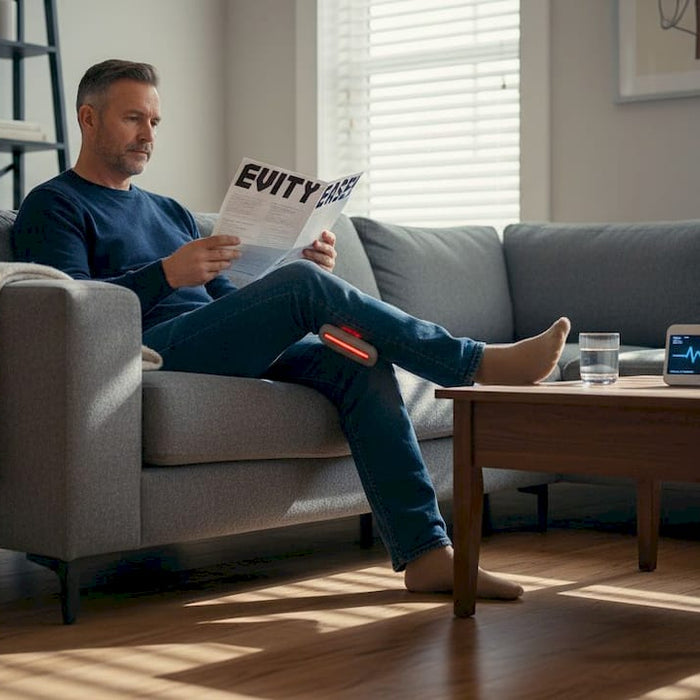 Man using red light device on leg at home