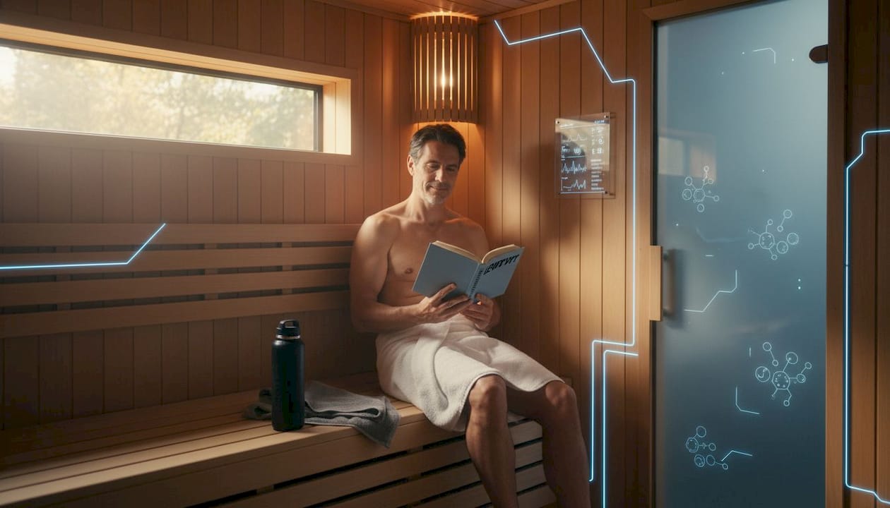 Man relaxing and reading in home sauna