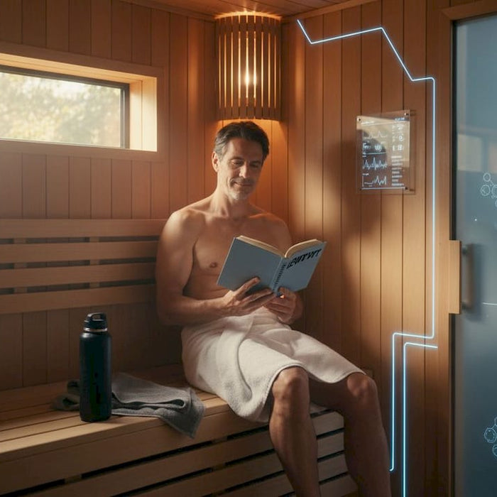 Man relaxing and reading in home sauna