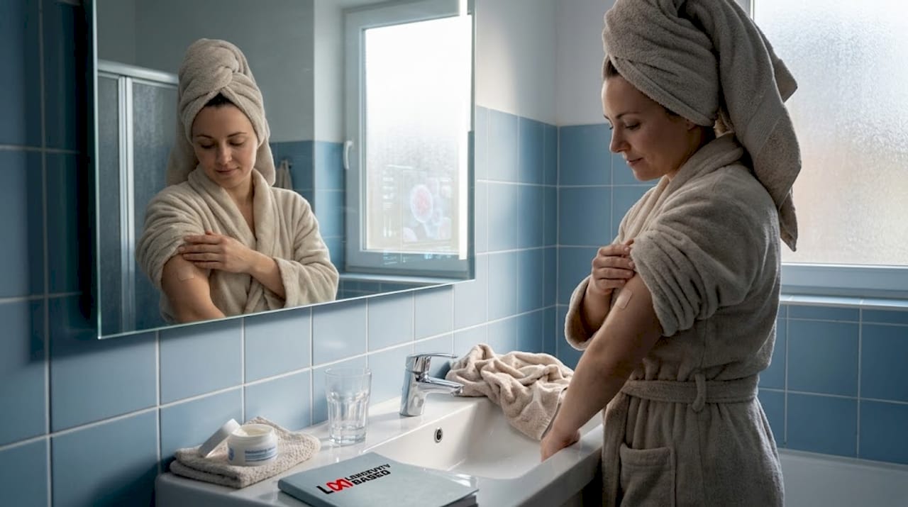 Woman examines eczema patch by bathroom mirror