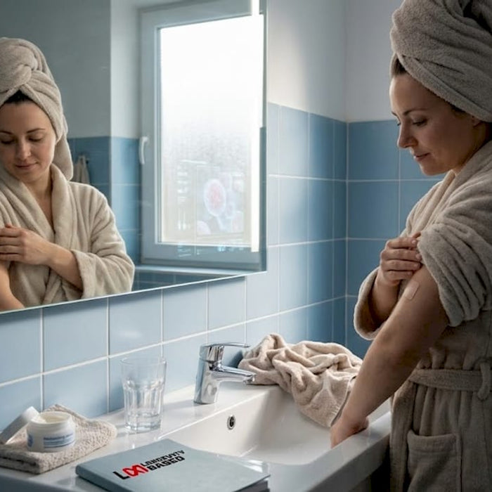 Woman examines eczema patch by bathroom mirror