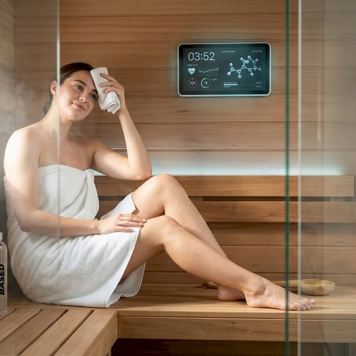 Woman cleansing skin in home sauna