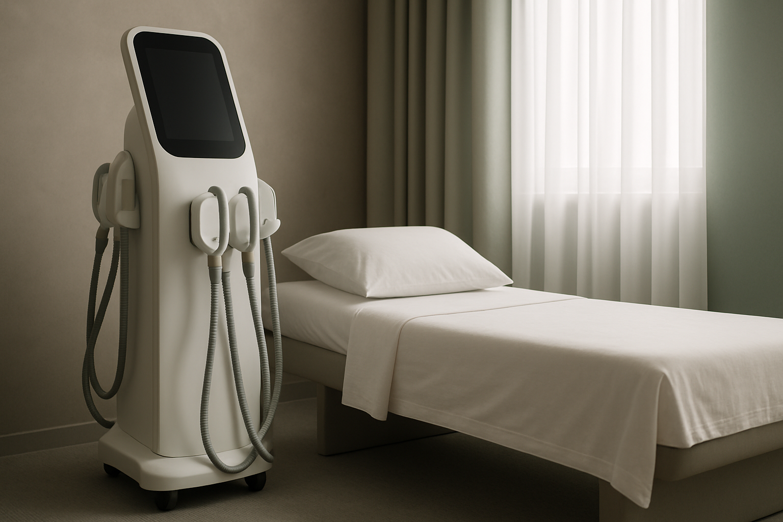 Modern body contouring treatment room with a professional body sculpting machine