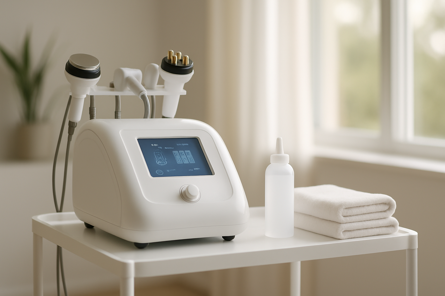 Home cavitation machine with handpieces set up in a bright minimalist wellness room