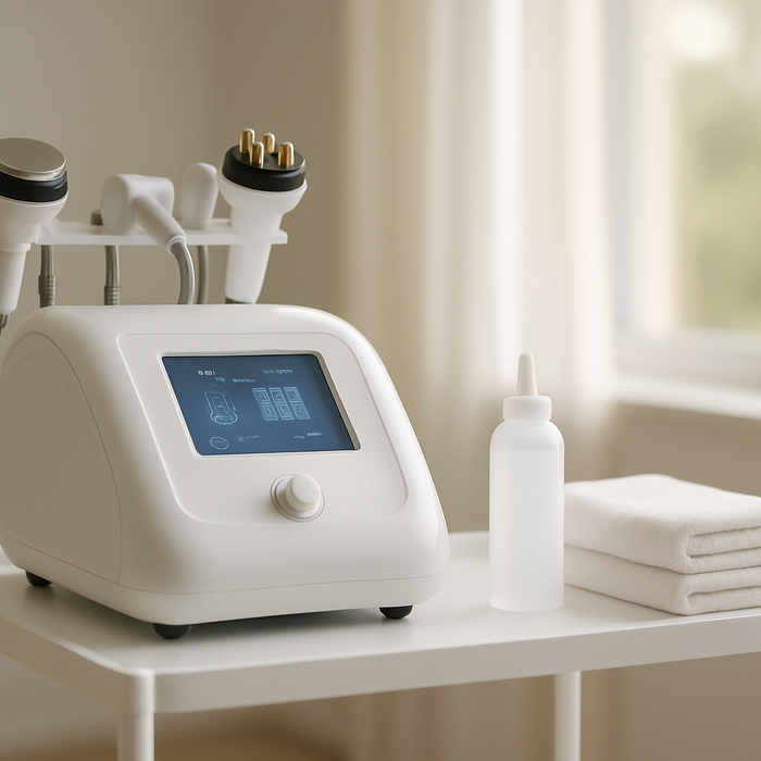 Home cavitation machine with handpieces set up in a bright minimalist wellness room