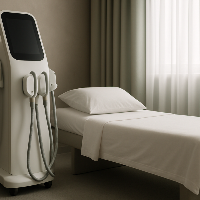 Modern body contouring treatment room with a professional body sculpting machine